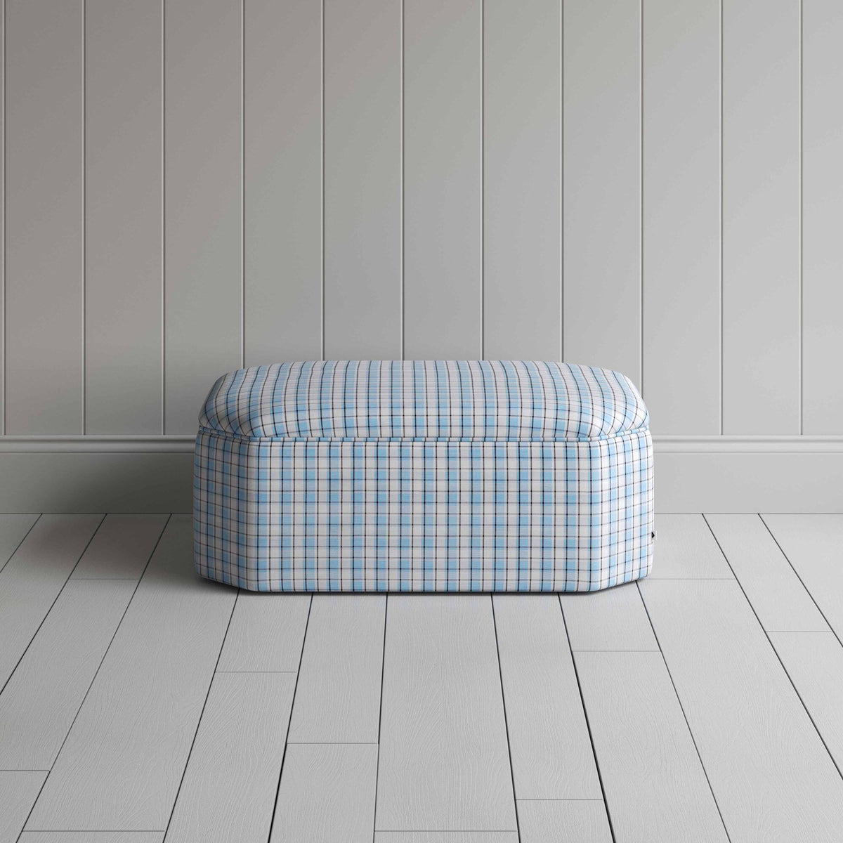 Front View of Ottoman in Square Deal Cotton, Blue Brown - By NiX