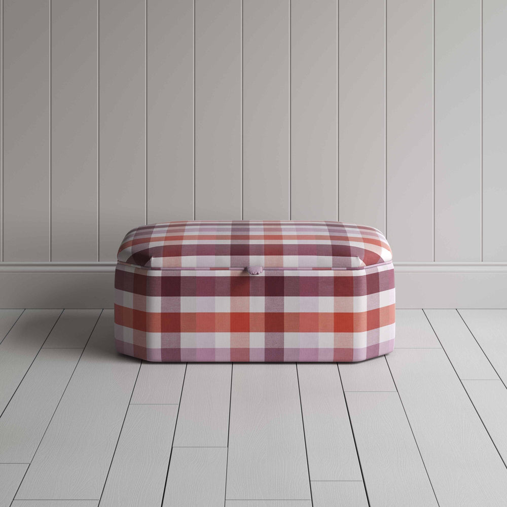 Front View of Storage Ottoman in Checkmate Cotton, Berry - Nicola Harding