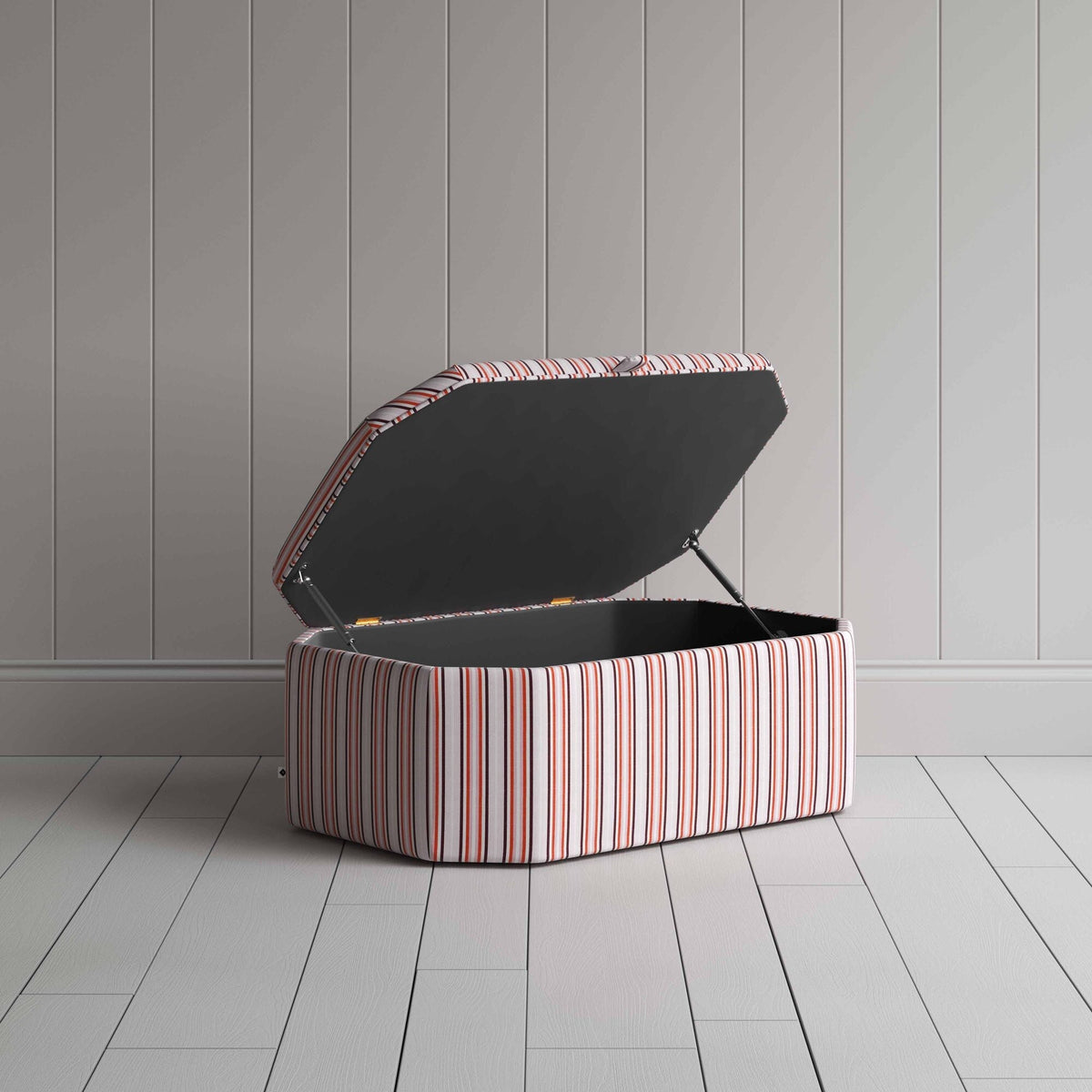 Hexagonal Storage Ottoman in Slow Lane Cotton Linen, Berry With Open Lid For Storage - Nicola Harding & Co.