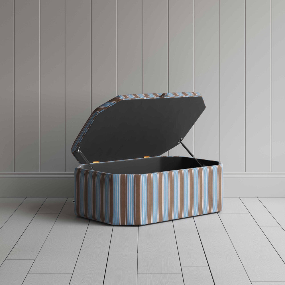Hexagonal Storage Ottoman in Regatta Cotton, Blue With Open Lid for Storage - Nicola Harding