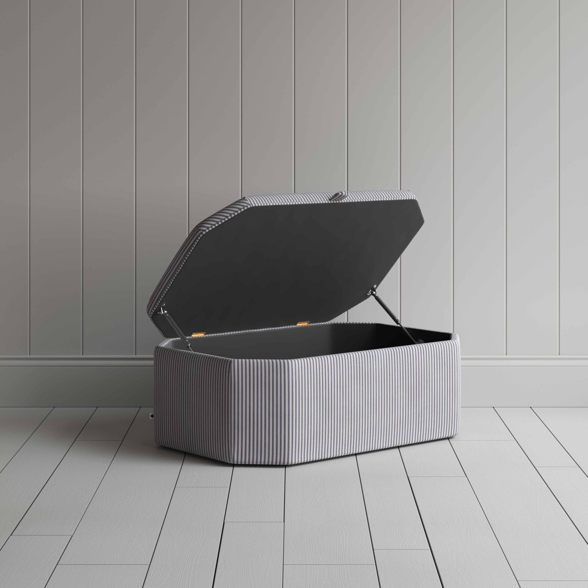  Hither Hexagonal Storage Ottoman in Ticking Cotton, Blue Brown With Open Lid - NiX 