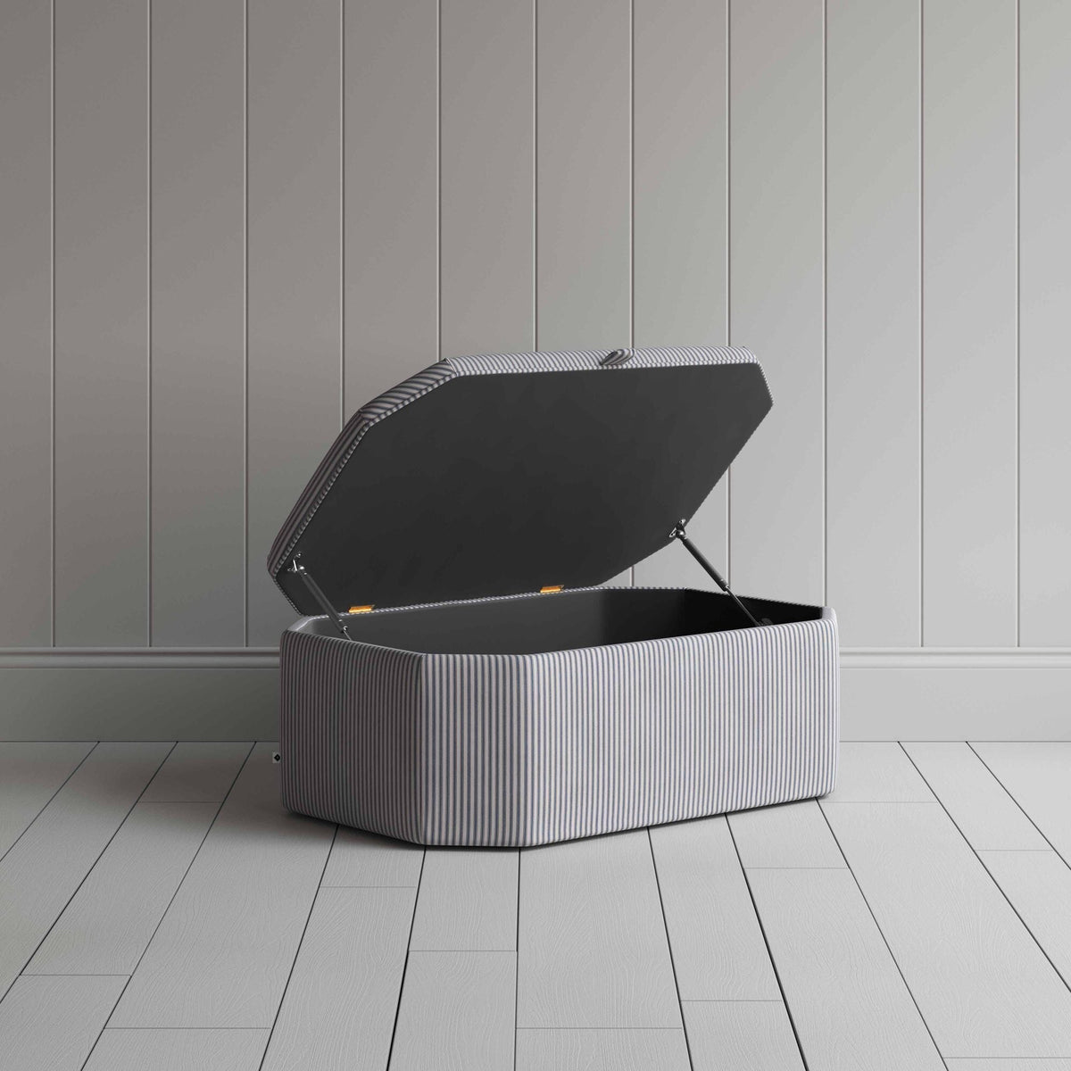 Hither Hexagonal Storage Ottoman in Ticking Cotton, Blue Brown With Open Lid - NiX