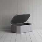 Hither Hexagonal Storage Ottoman in Ticking Cotton, Blue Brown With Open Lid - NiX
