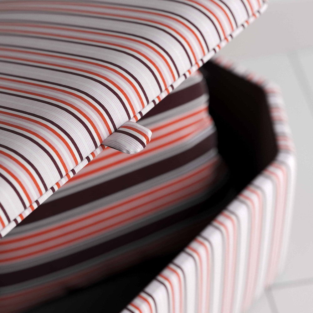 Open Lid Closeup of Hither Hexagonal Storage Ottoman in Slow Lane Cotton Linen, Berry - Nicola Harding