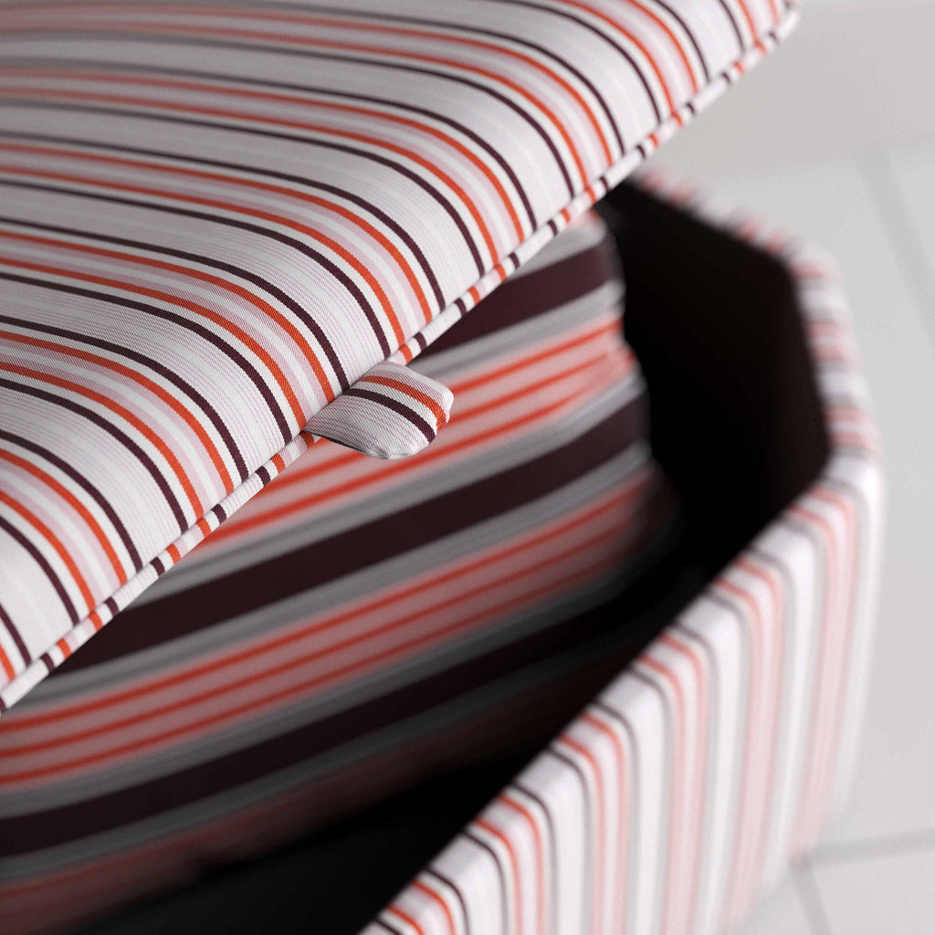  Open Lid Closeup of Hither Hexagonal Storage Ottoman in Slow Lane Cotton Linen, Berry - Nicola Harding 