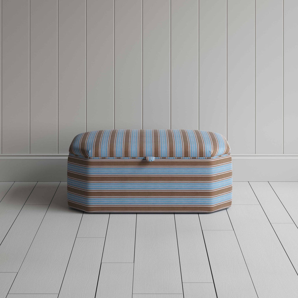  Front View of Hexagonal Storage Ottoman in Regatta Cotton, Blue - Nicola Harding 