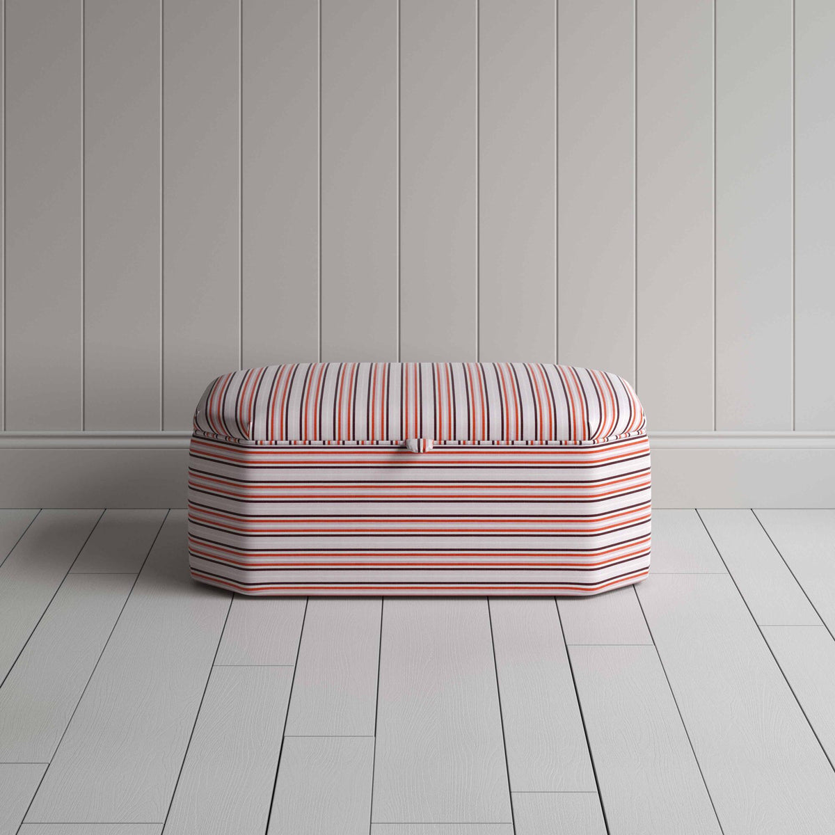 Front View of Hexagonal Storage Ottoman in Slow Lane Cotton Linen, Berry - Nicola Harding