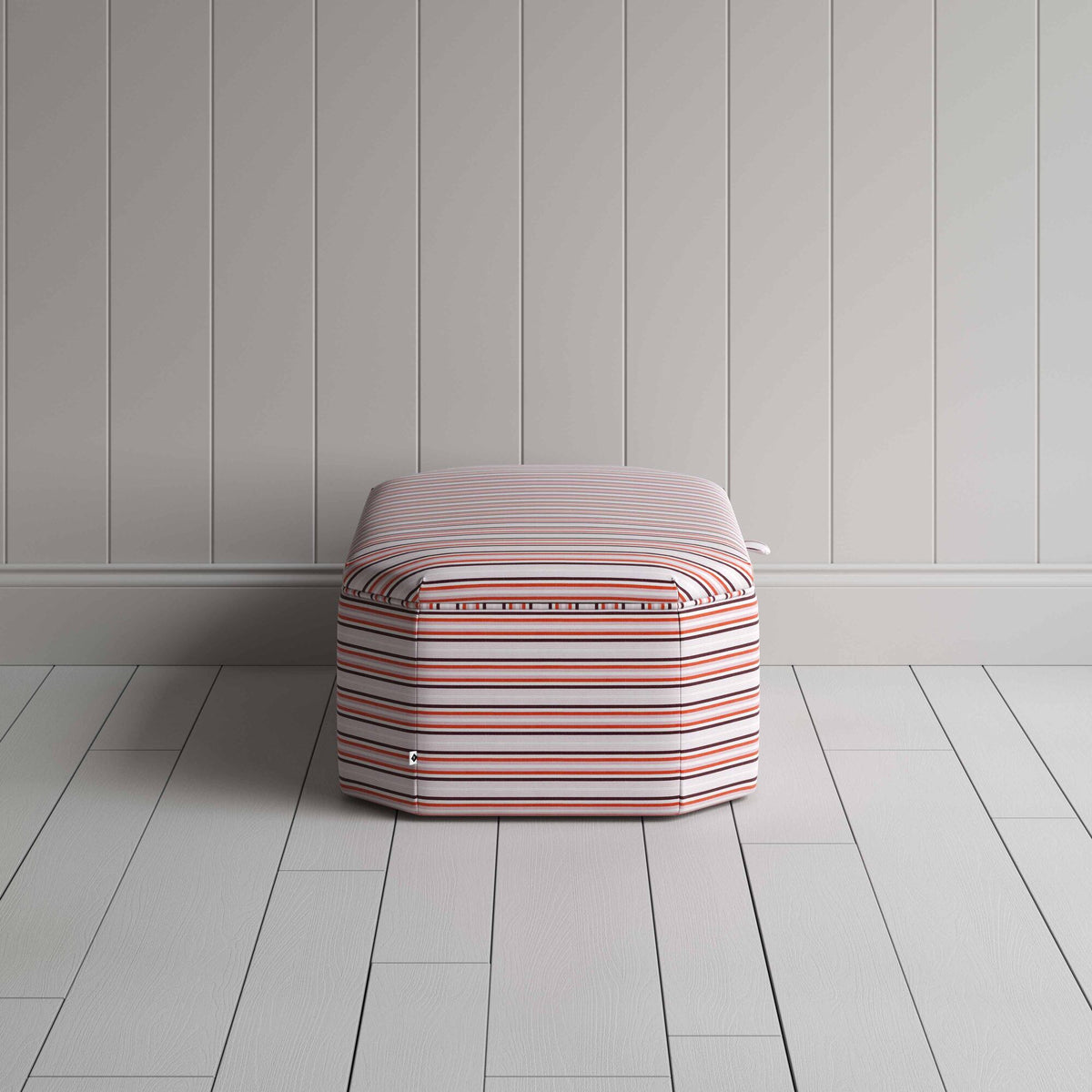 Side View of Hexagonal Storage Ottoman in Slow Lane Cotton Linen, Berry - Nicola Harding