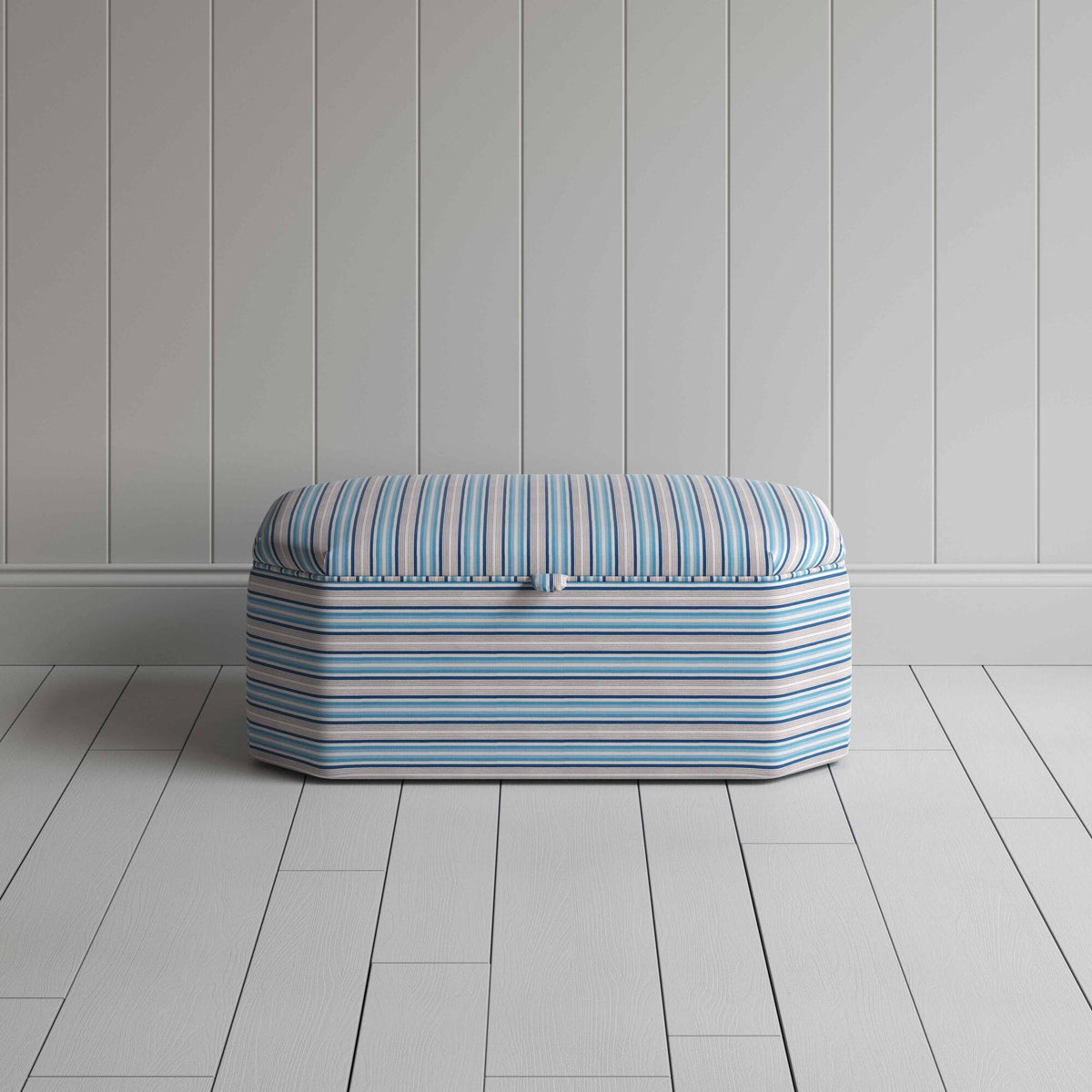 Front View of Hexagonal Storage Ottoman in Slow Lane Cotton Linen, Blue - By NiX