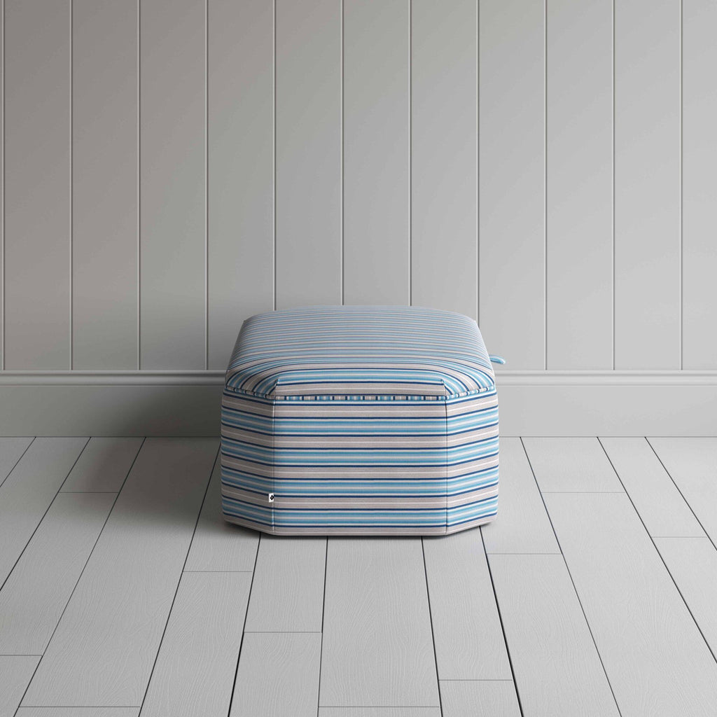  Side View of Hexagonal Storage Ottoman in Slow Lane Cotton Linen, Blue - By NiX 