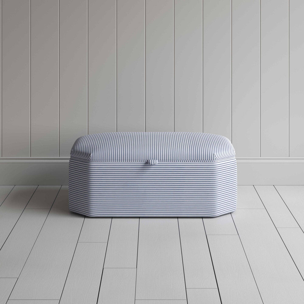 Front View of Storage Ottoman in Ticking Cotton, Aqua Brown - NiX Studio