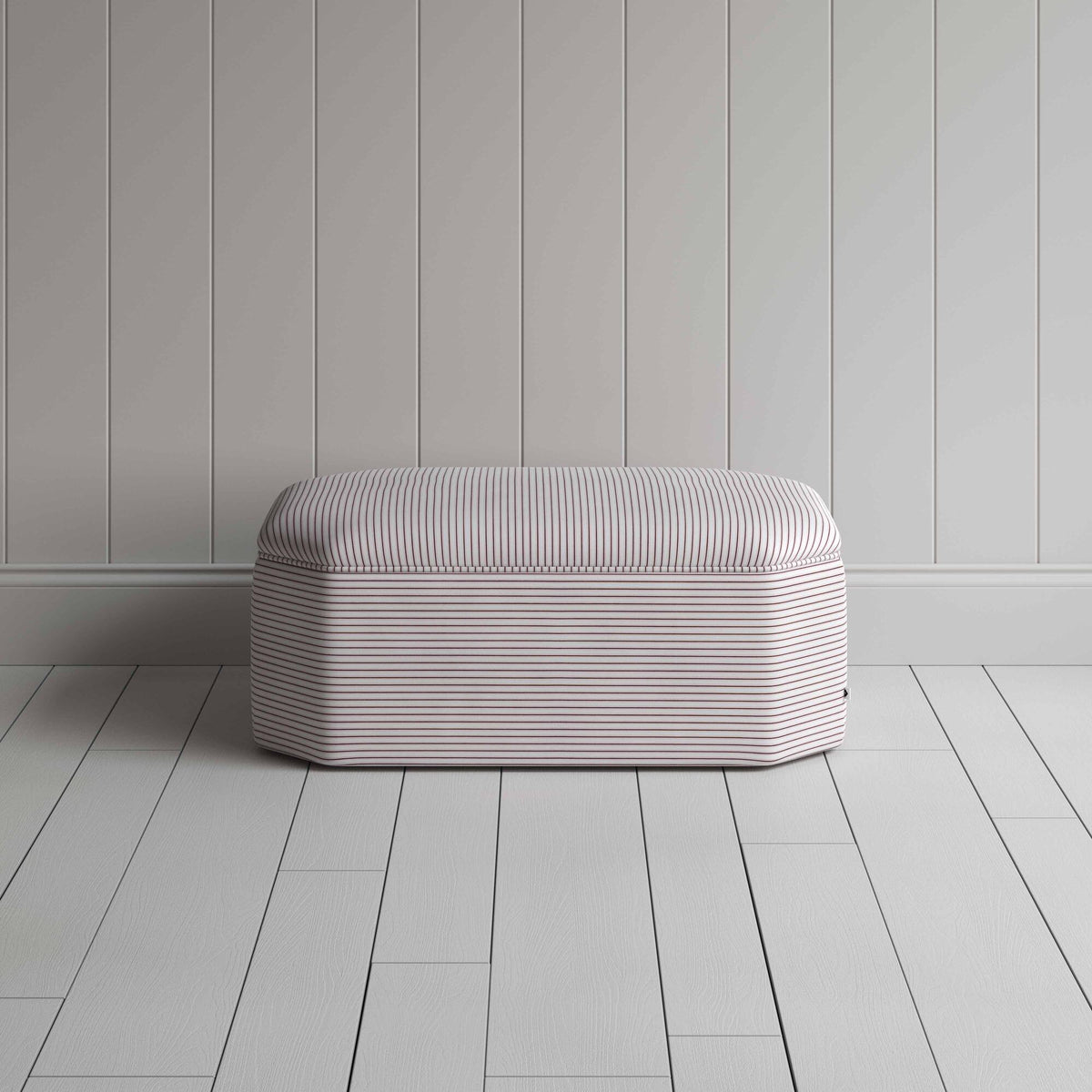 Front View of Ottoman in Ticking Cotton, Berry - By NiX