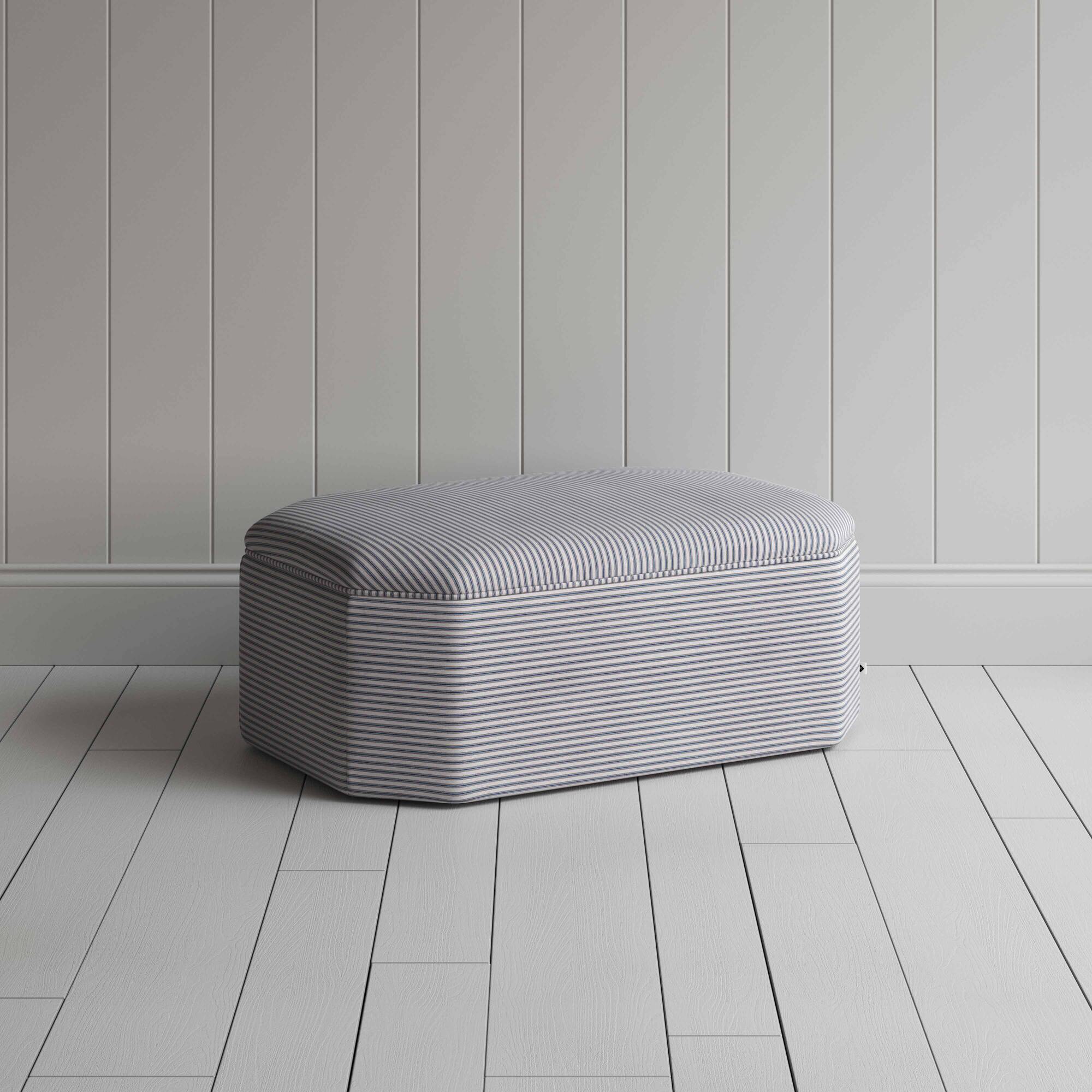  Hither Hexagonal Ottoman in Ticking Cotton, Blue Brown - Nicola Harding 