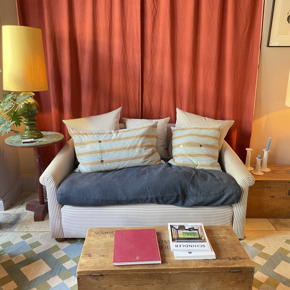 End-of-the-Line - Comfort Zone 3 Seater Sofa in Ticking Blue Brown Frame & Laidback Linen Midnight Seat 