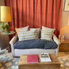 End-of-the-Line - Comfort Zone 3 Seater Sofa in Ticking Blue Brown Frame & Laidback Linen Midnight Seat