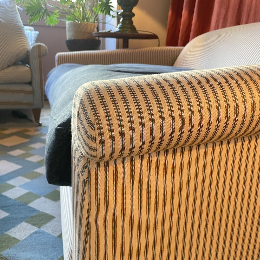 End-of-the-Line - Comfort Zone 3 Seater Sofa in Ticking Blue Brown Frame & Laidback Linen Midnight Seat