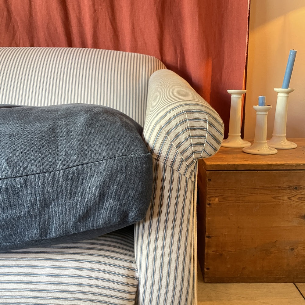  End-of-the-Line - Comfort Zone 3 Seater Sofa in Ticking Blue Brown Frame & Laidback Linen Midnight Seat 