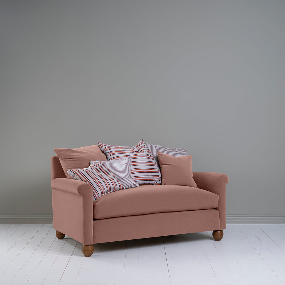 Idler 2 Seater Sofa in Intelligent Velvet Dusky Pink Side View With Cushions - Nicola Harding