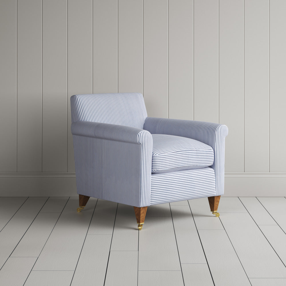  Idler Armchair in Ticking Cotton, Aqua Brown - Nicola Harding 