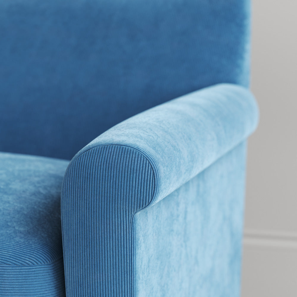 Arm detail in Harbour Blue Classic Corduroy, highlighting the durable ribbed texture.