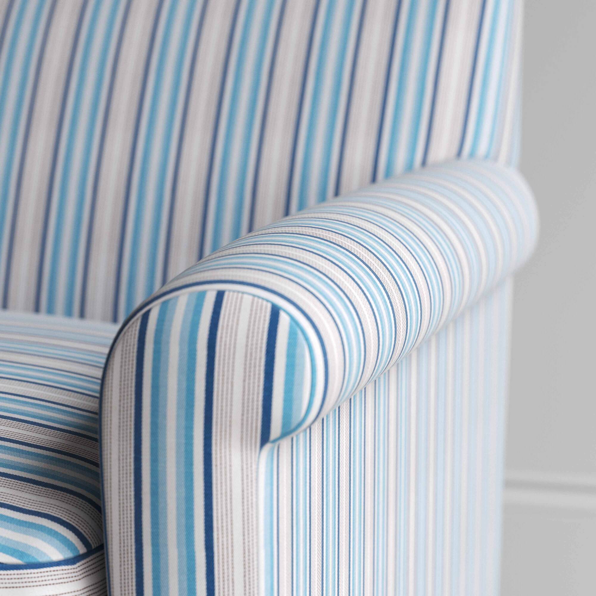  Close-up of the tailored blue cotton linen armrest on the Idler by Nix. 