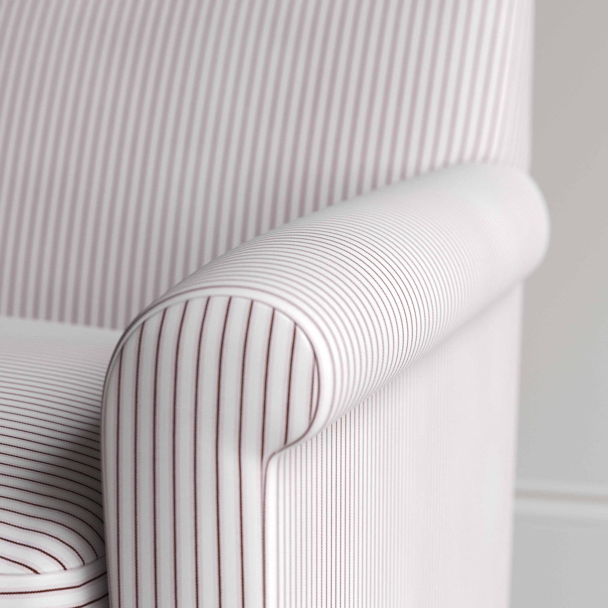 Idler 4 Seater Sofa in Ticking Cotton, Berry, Arm Design Closeup - By NiX