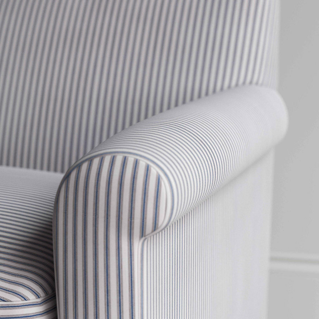  Idler 4 Seater Sofa in Ticking Cotton, Blue Brown, Arm Design Closeup - By NiX 