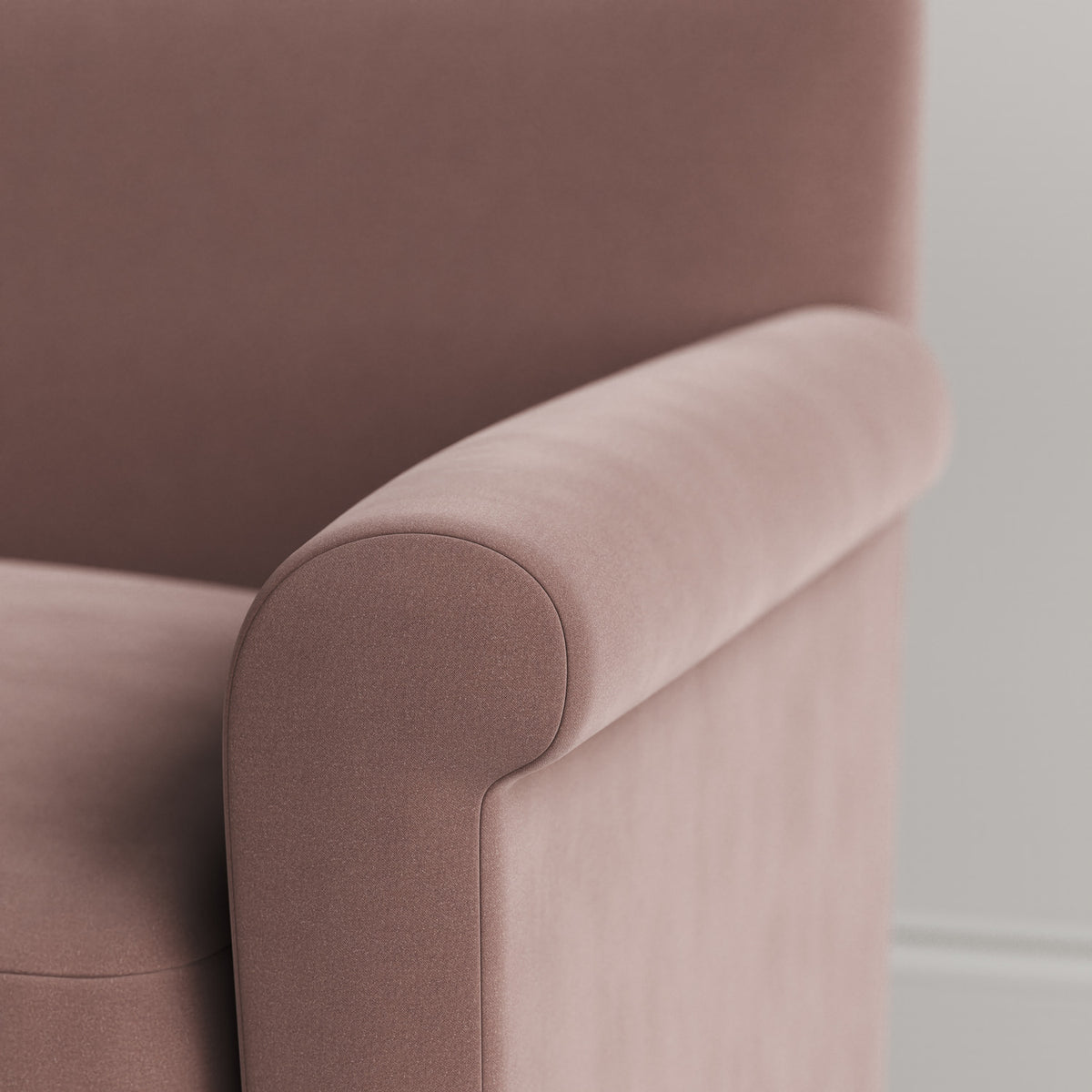 Arm View of Idler Armchair in Intelligent Velvet Dusky Pink