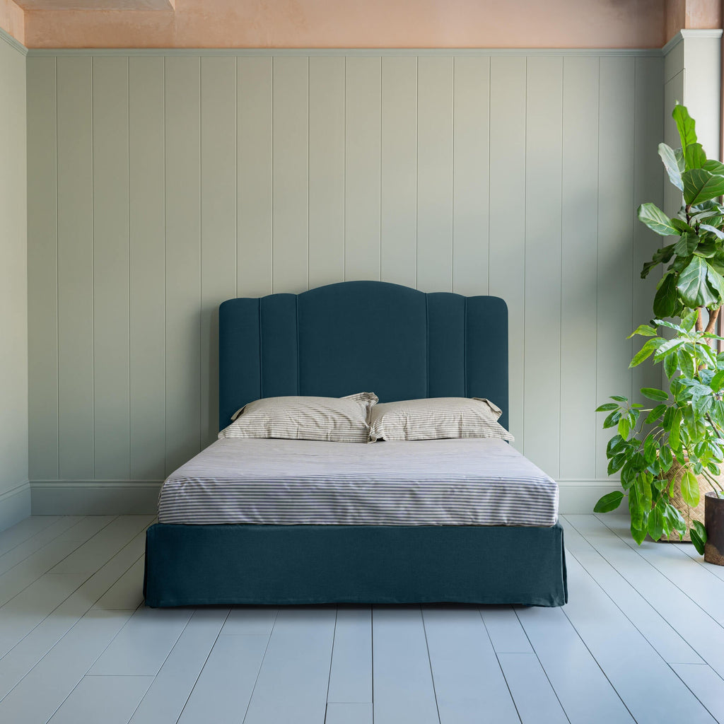  Cloud Nine Upholstered Bed in Intelligent Velvet Aegean with Ruffled Valance Front-View. 