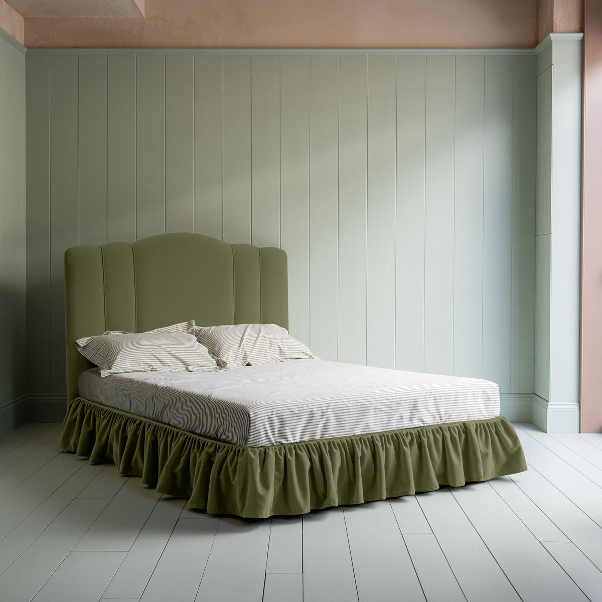 Cloud Nine Upholstered Bed in Intelligent Velvet Green Tea with Ruffled Valance.