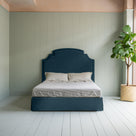 Seventh Heaven Upholstered Bed in Intelligent Velvet Aegean with Kick Pleat Valance front view.