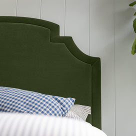 Seventh Heaven Upholstered Bed in Intelligent Velvet Juniper with Ruffled Valance head design.