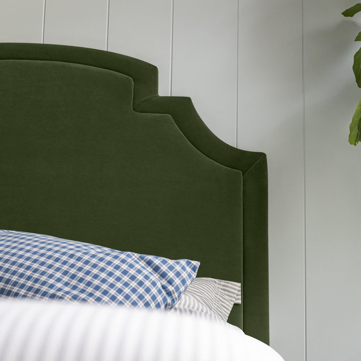 Seventh Heaven Upholstered Bed in Intelligent Velvet Juniper without Valance head Design.