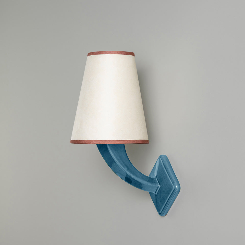  Bright Spark Tall Tapered Paper Lamp Shade in Soft White with Pink Trim, On a Wall Light Bright Spark Ceramic Sea Blue - Nicola Harding 