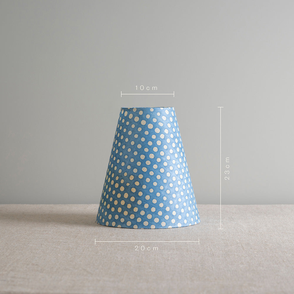  Measurements in 'cm' of Ditsy Tall Tapered Lamp Shade in Dotty Sky Blue, Height is 23cm, Top-Width is 10cm an - Nicola Harding Bottom, Width is 20cm - By NiX 