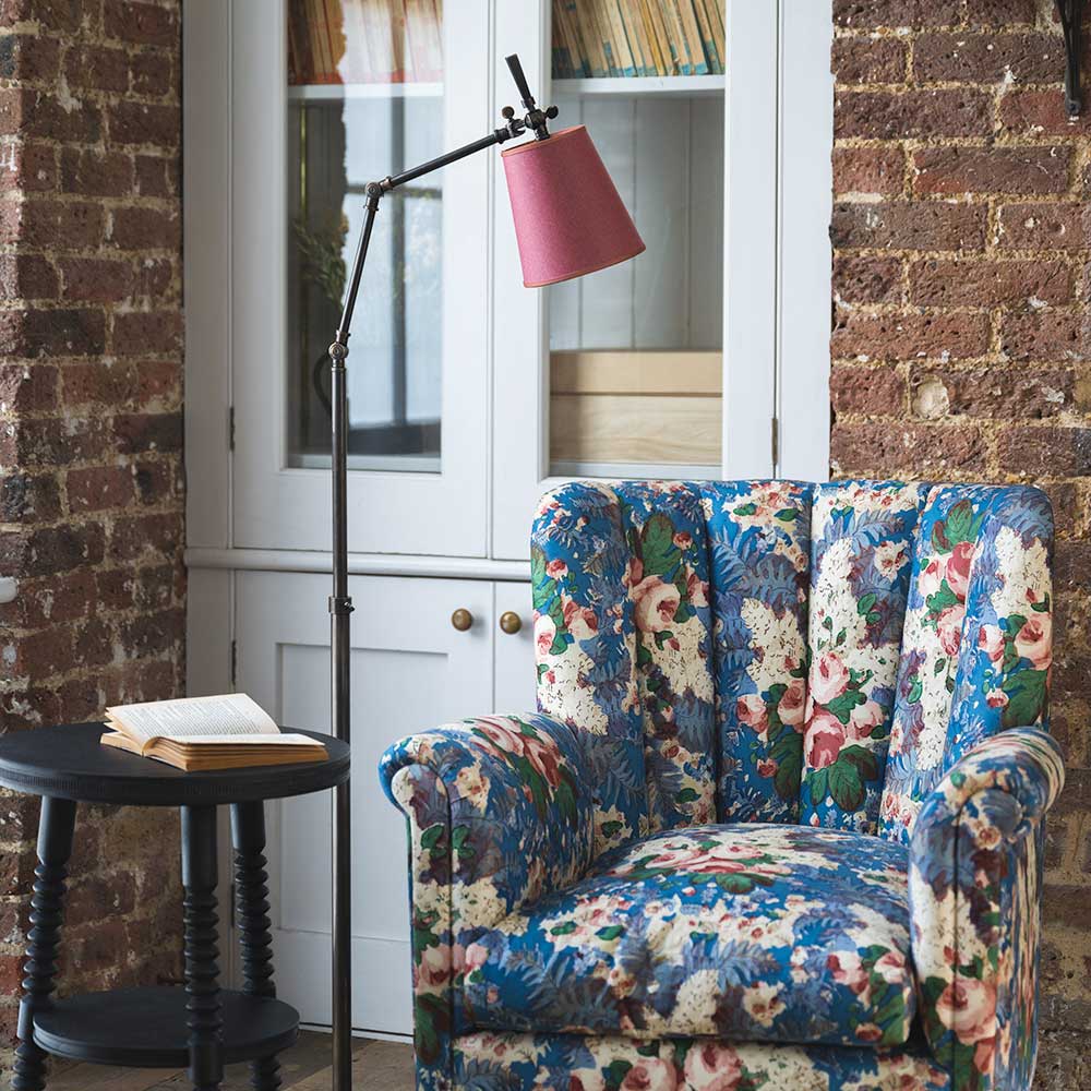  Focused Empire Paper Lamp Shade in Burgundy with Muted Pink Trim, Close to a Beautiful High Back Armchair and Spindle Side Table, Carbon Black - Nicola Harding 
