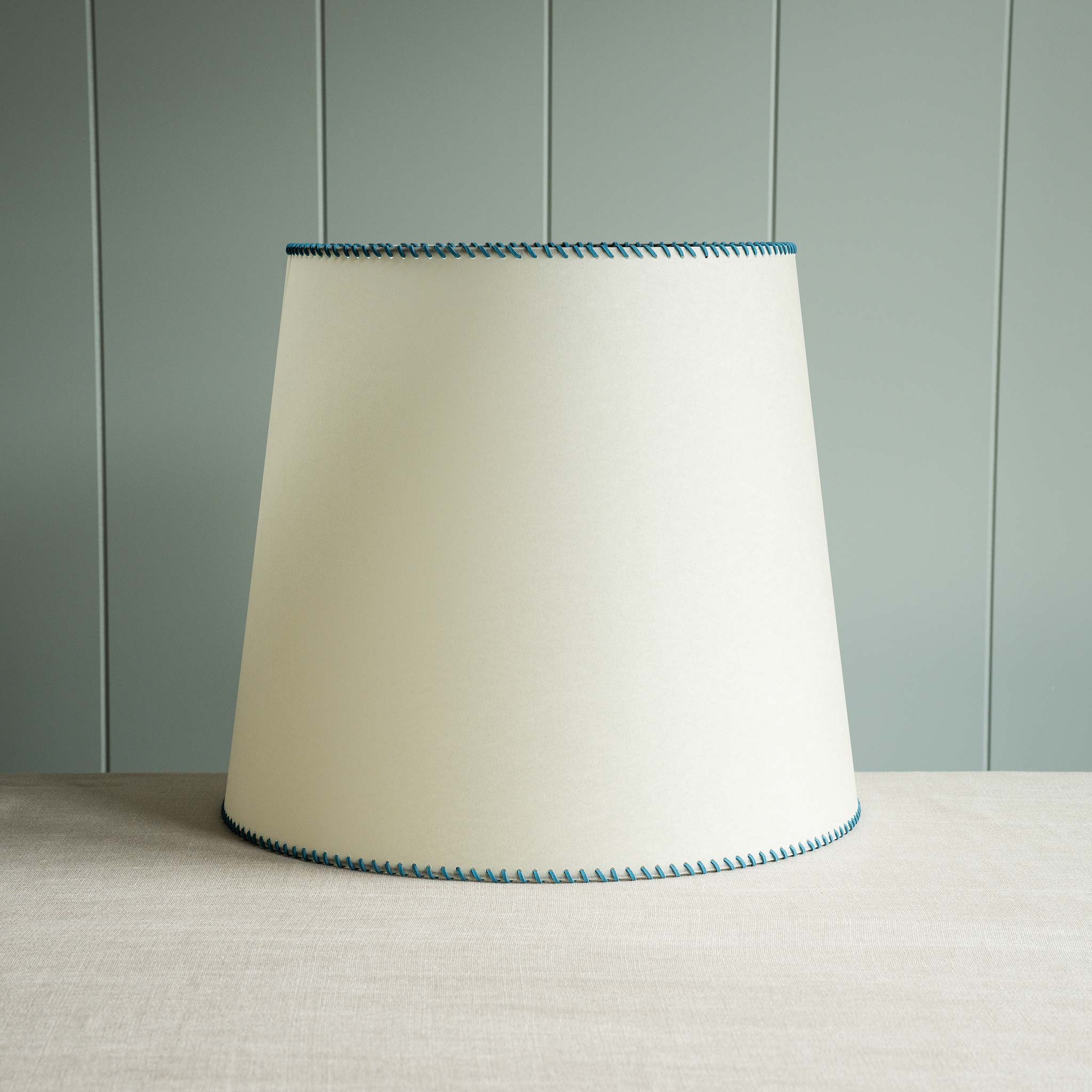  Large Rise Empire Lamp Shade in Natural Parchment with Peacock Blue  Stitching - By NiX 