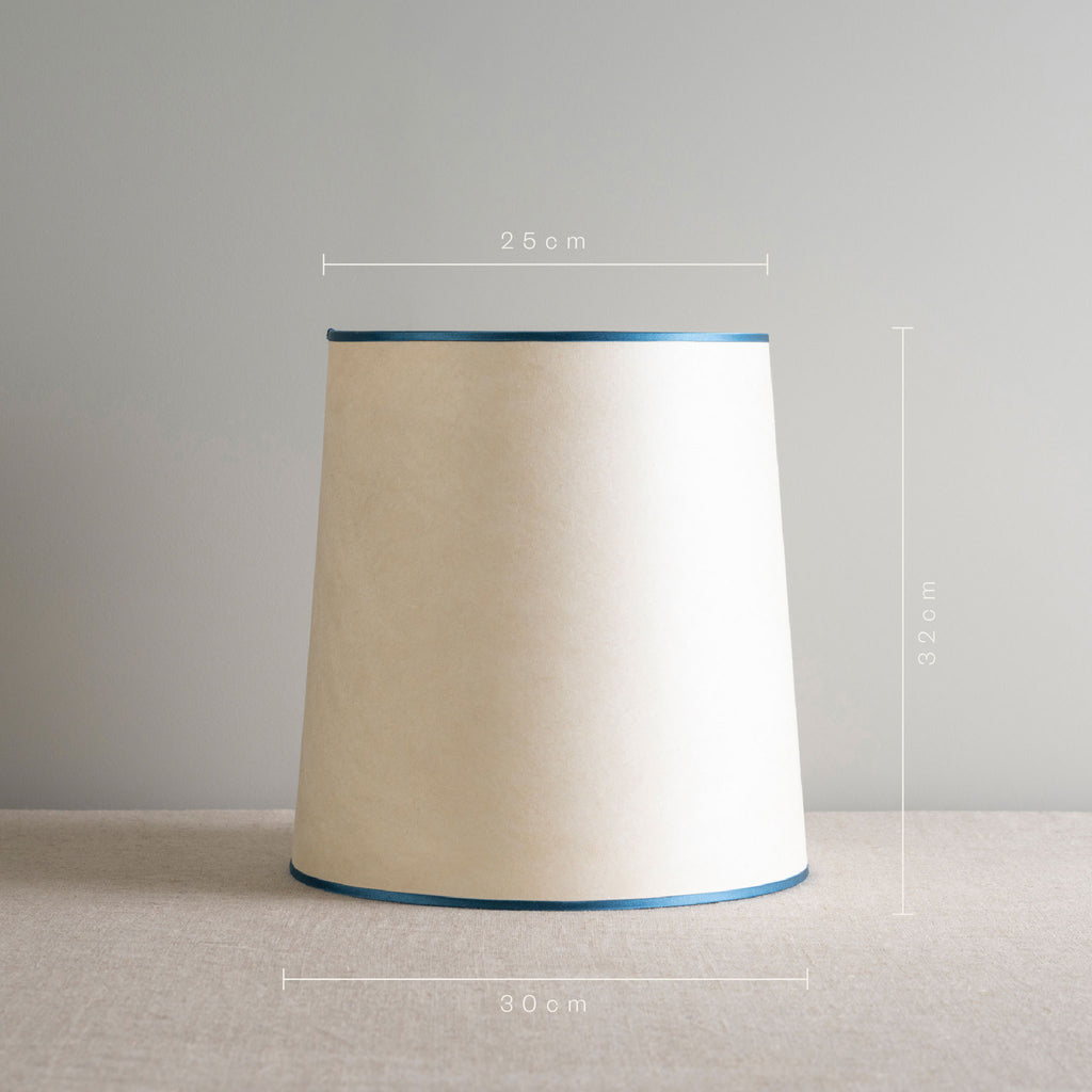  Dimensions of Rise Straight Empire Lampshade in Soft White with Peacock Blue Trim: Height 32cm, Top Width 25cm, Bottom Width 30cm – By NiX 