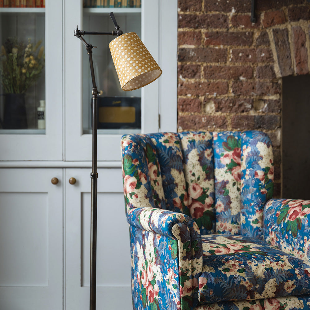  To The Point Batik Paper Empire Lamp Shade in Spotty Dotty Tan, With Floor Brass Waxed Lamp Near to Beautiful High Back Armchair - By NiX 
