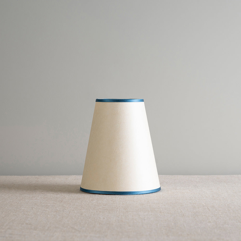  To The Point Paper Empire Lamp Shade in Soft White with Peacock Blue Trim, Beautiful Front View- NiX 