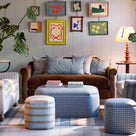 NiX furniture Dolittle sofa featured in a colorful living room setup with a large checkered storage ottoman