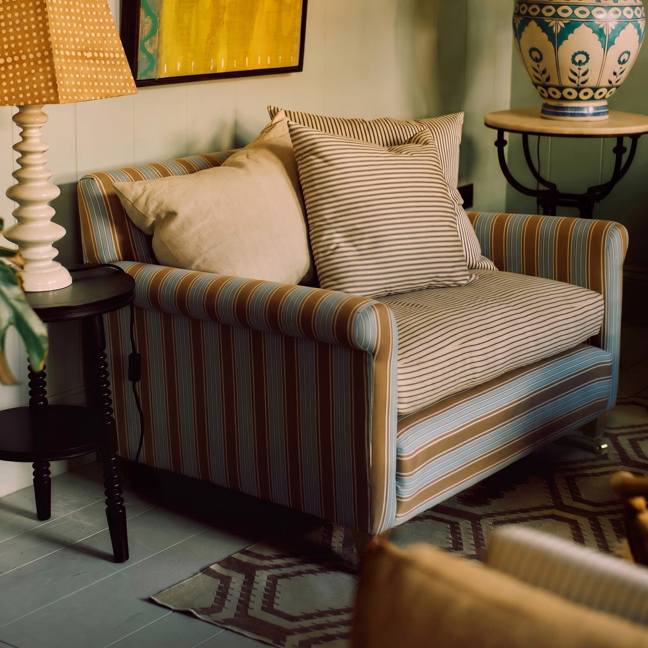  Idler Love seat styled with 3 NiX special cushions and a table lamp - NIX by Nicola Harding 
