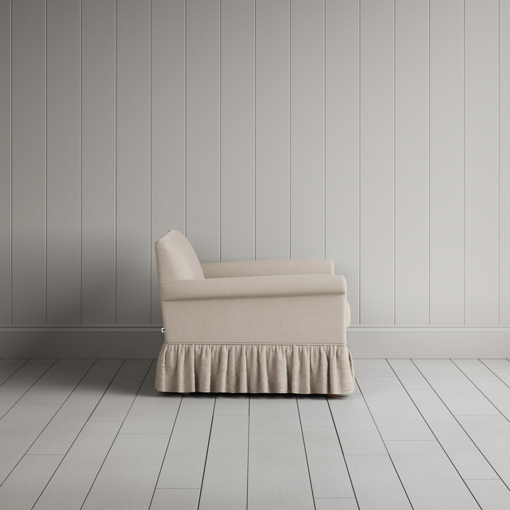  Curtain Call Love Seat in laidback linen dove, side profile view showing silhouette. 