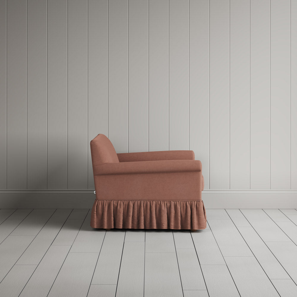 Curtain Call Love Seat in laidback linen roseberry, side profile view showing silhouette.