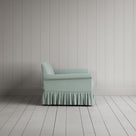 Curtain Call Love Seat in laidback linen mineral, side profile view showing silhouette.