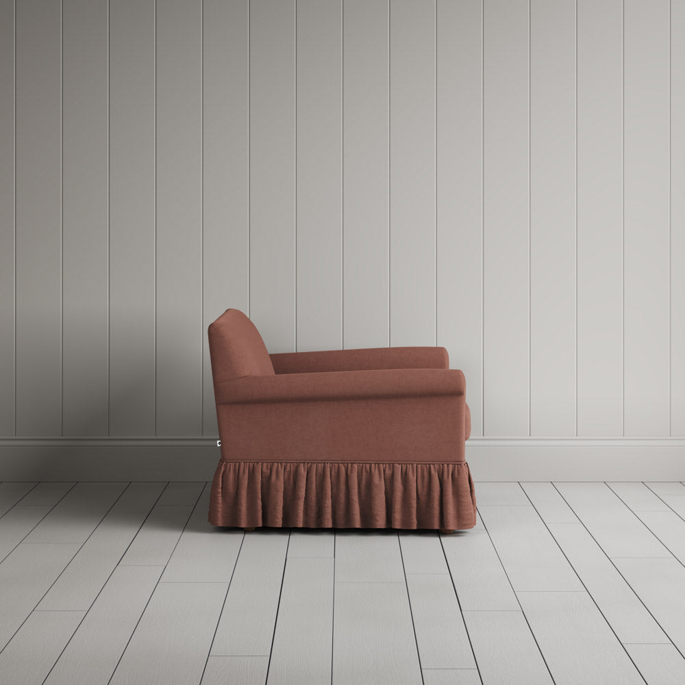  Curtain Call Love Seat in laidback linen sweet briar, side profile view showing silhouette. 