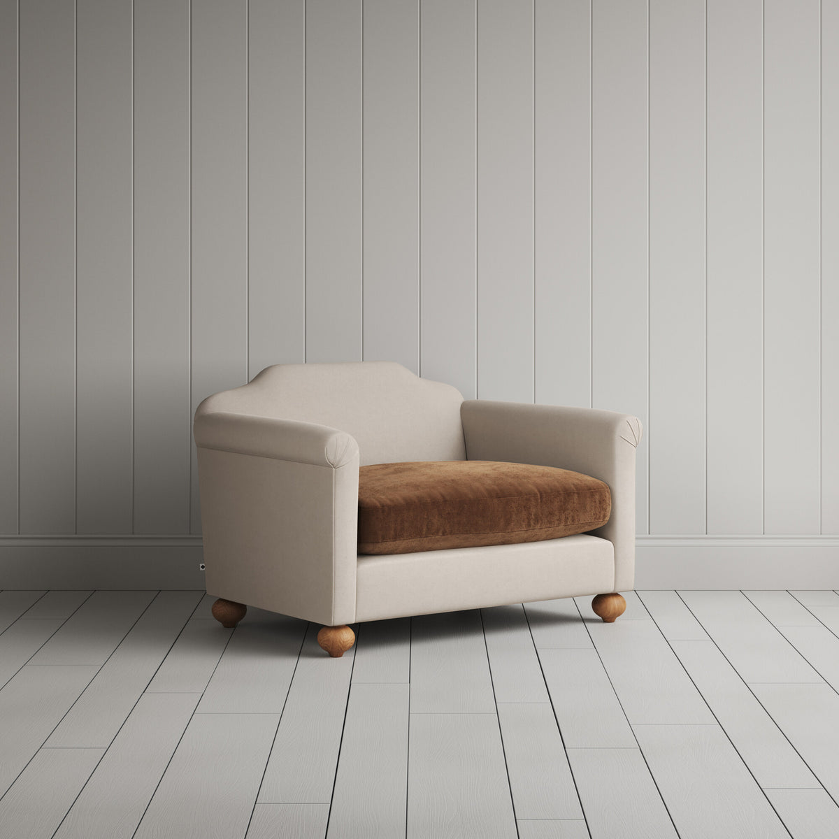 Dolittle Love Seat in Laidback Linen Dove Frame and Classic Corduroy Tobacco Seat
