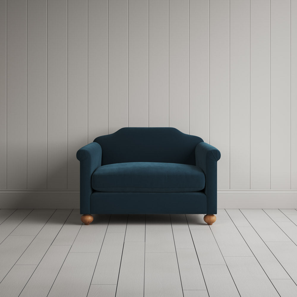 Front View of Dolittle Love Seat in Intelligent Velvet Aegean