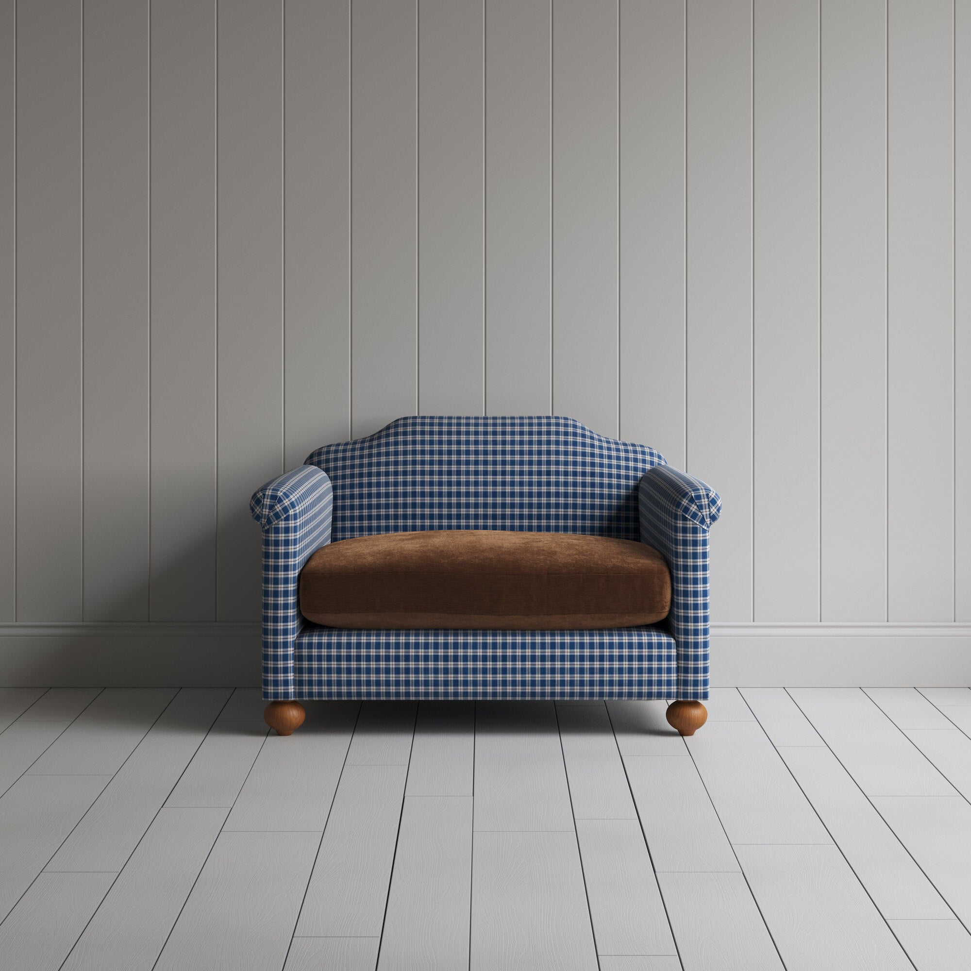  Dolittle Love Seat in Well Plaid Frame and Classic Corduroy Tobacco Seat 
