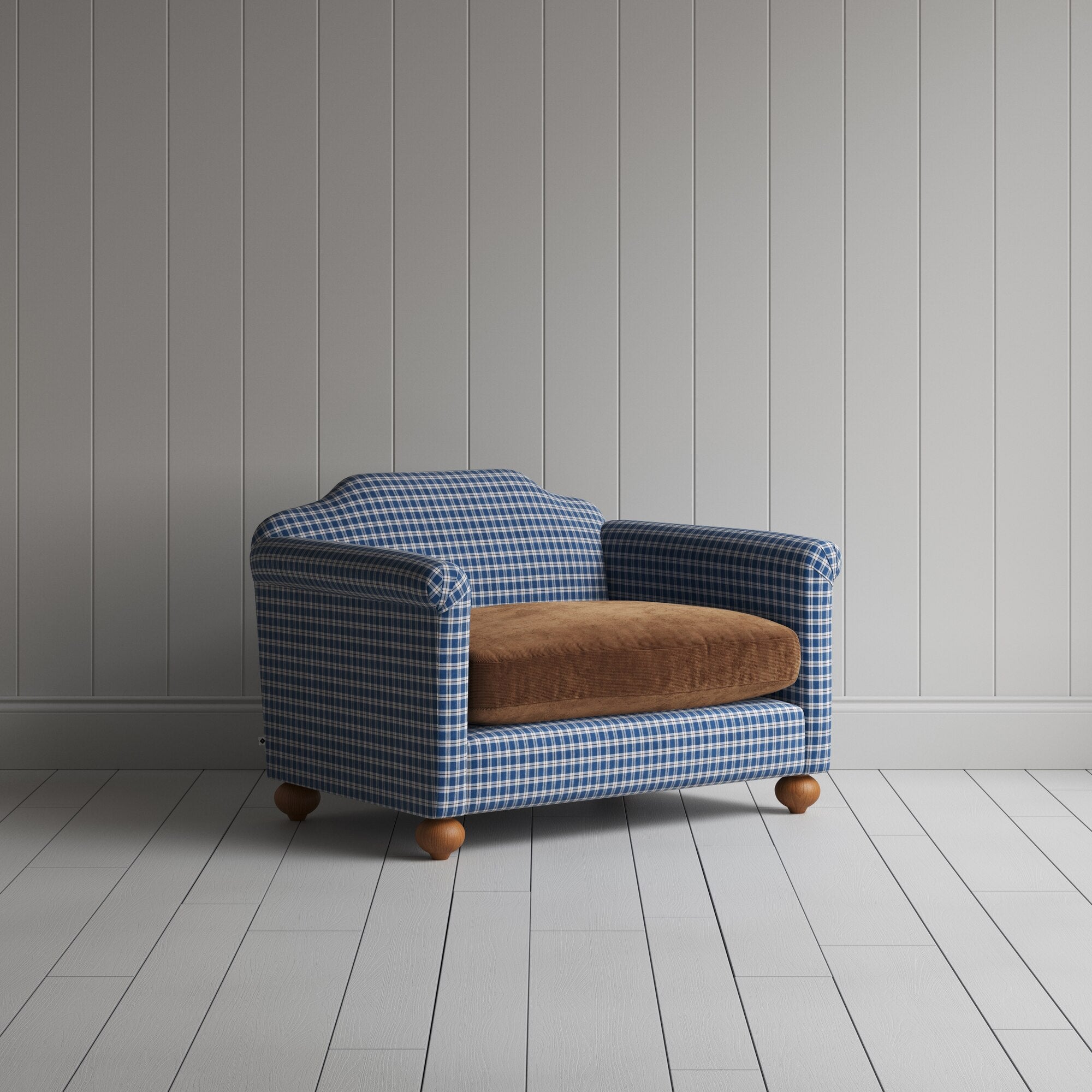  Dolittle Love Seat in Well Plaid Frame and Classic Corduroy Tobacco Seat 